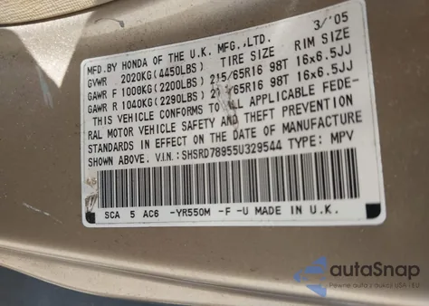 2005 Honda Cr-V Se z USA, uszkodzony, nr VIN SHSRD78955U329544